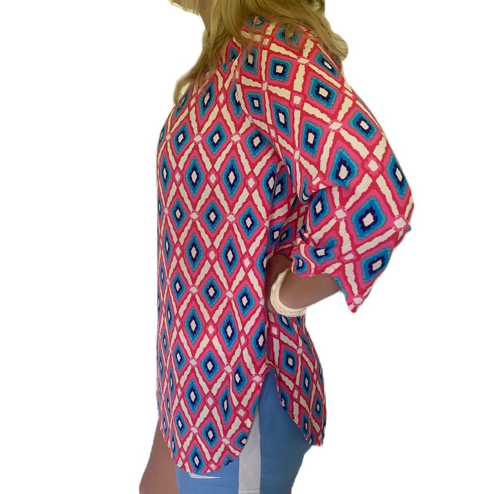 Peach Love California tunic top pink blue diamond pattern Small - Picture 2 of 16